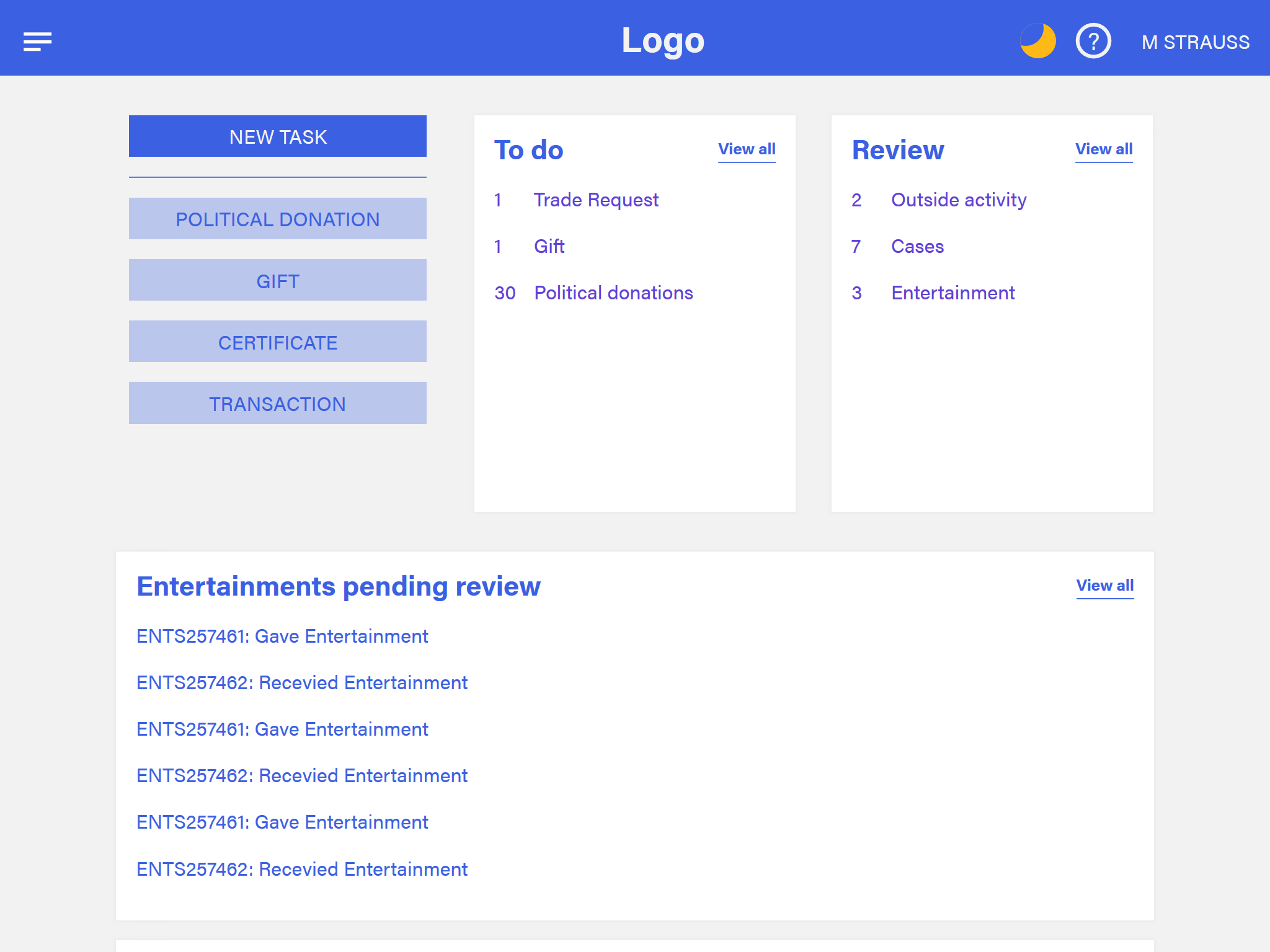 Financial dashboard homescreen as it appears on an iPad